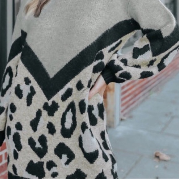 Gray Turtleneck Chevron Leopard Knit Sweater Dress - Picture 5 of 5